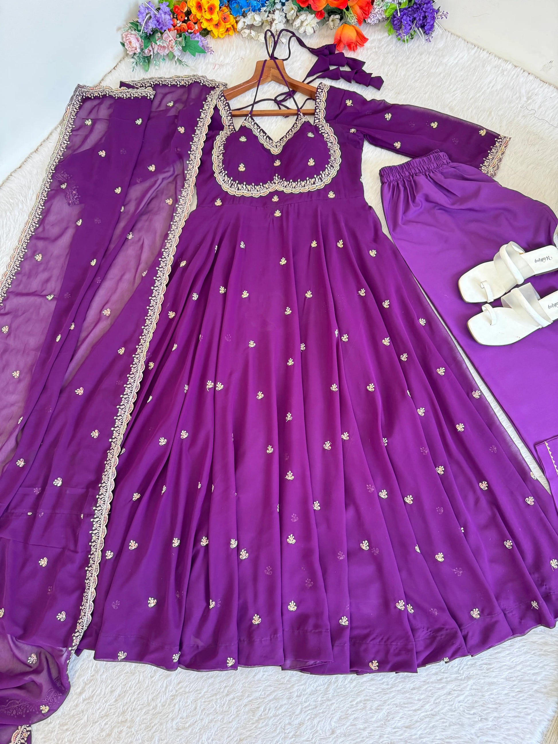 Fox Georgette Umbrella Gown Set with Embroidered Dupatta for Festive and Party Wear