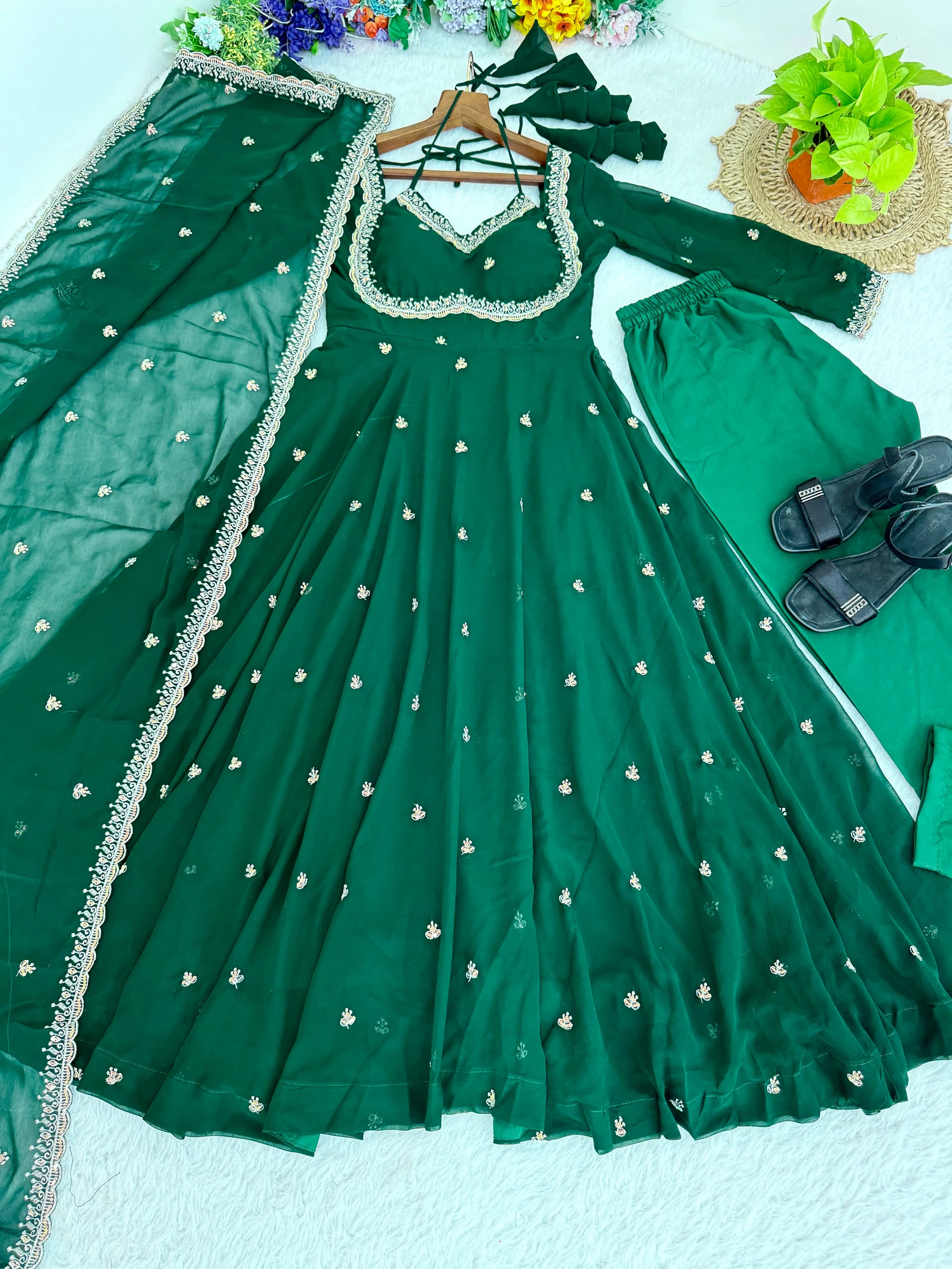Fox Georgette Umbrella Gown Set with Embroidered Dupatta for Festive and Party Wear