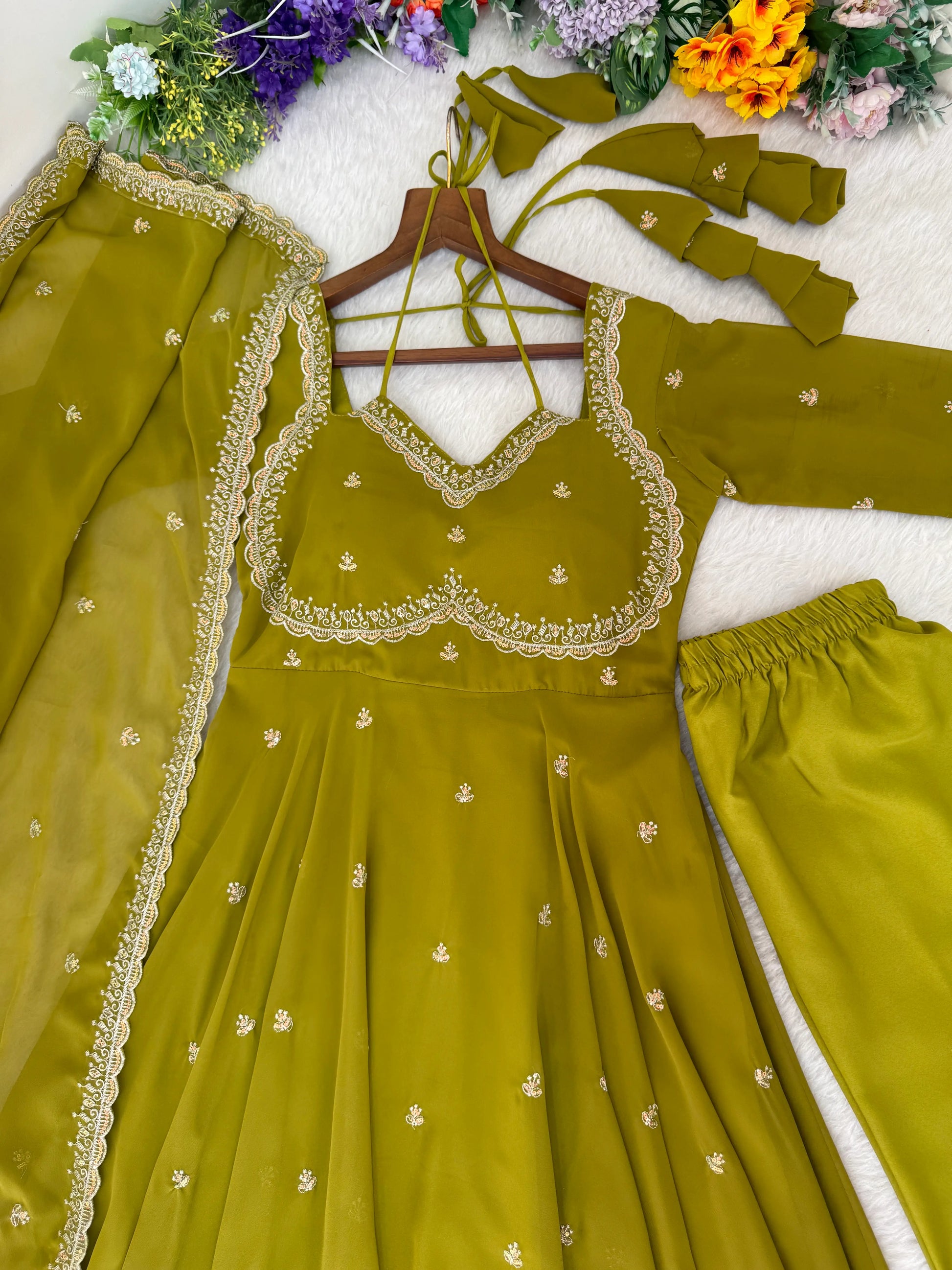 Fox Georgette Umbrella Gown Set with Embroidered Dupatta for Festive and Party Wear