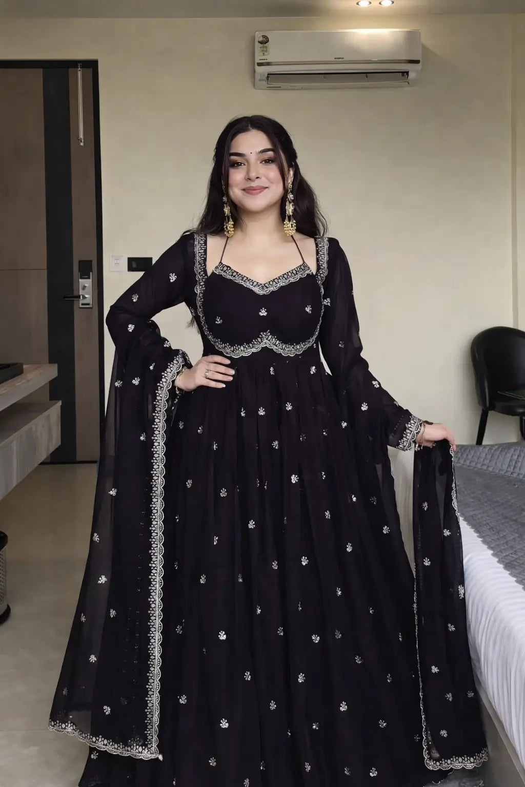 Fox Georgette Umbrella Gown Set with Embroidered Dupatta for Festive and Party Wear