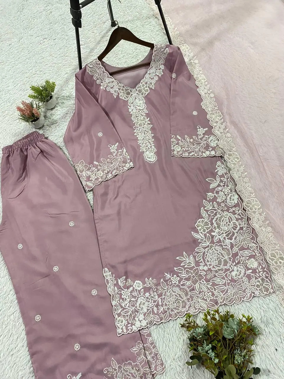 French Crepe Embroidered Palazzo Kurta Set