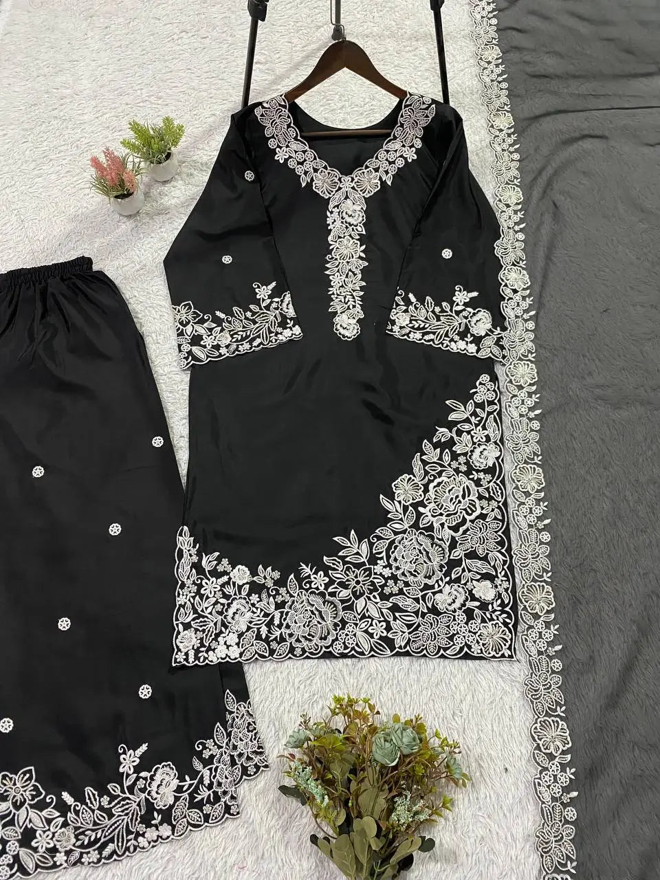 French Crepe Embroidered Palazzo Kurta Set