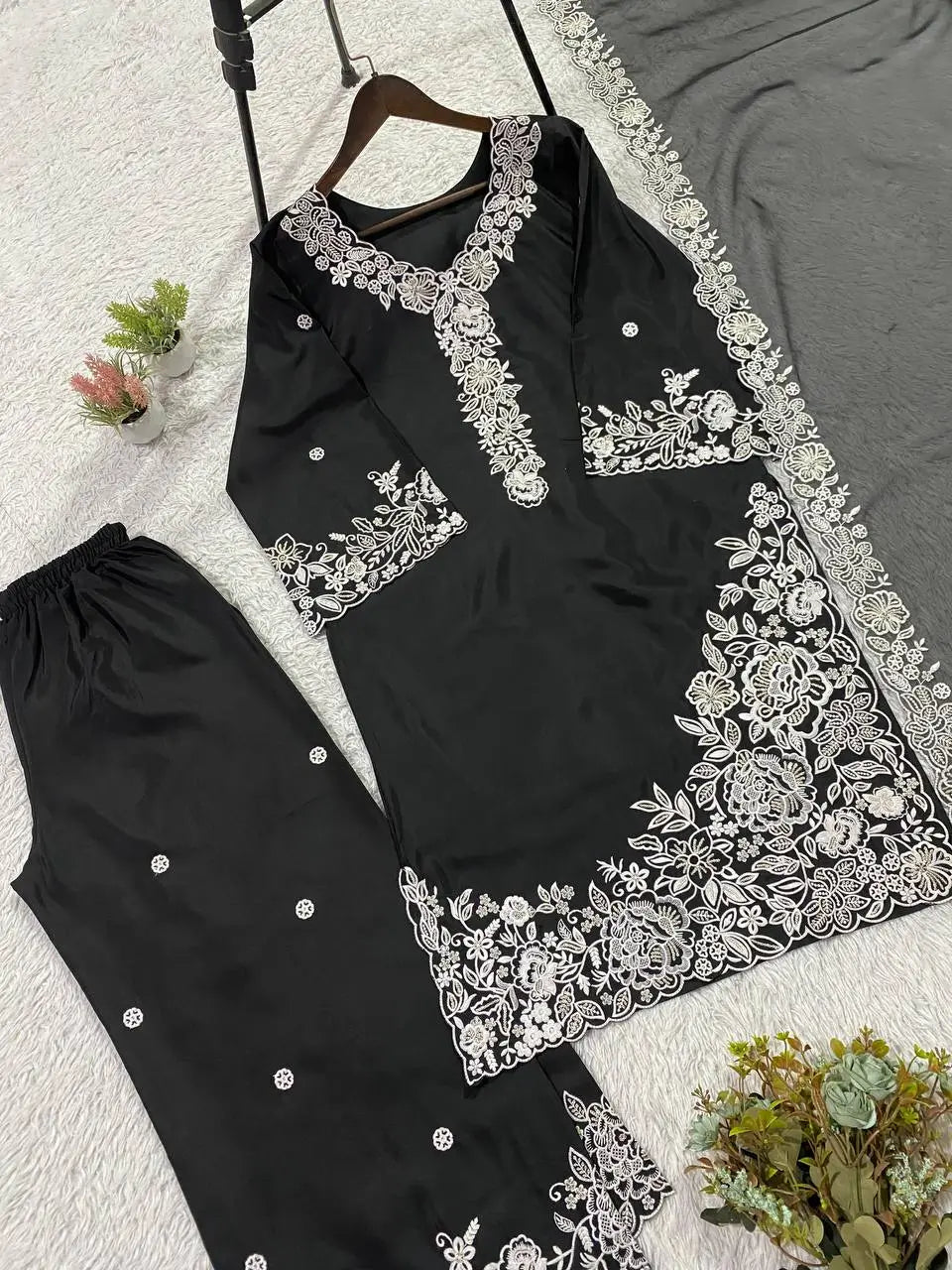 French Crepe Embroidered Palazzo Kurta Set