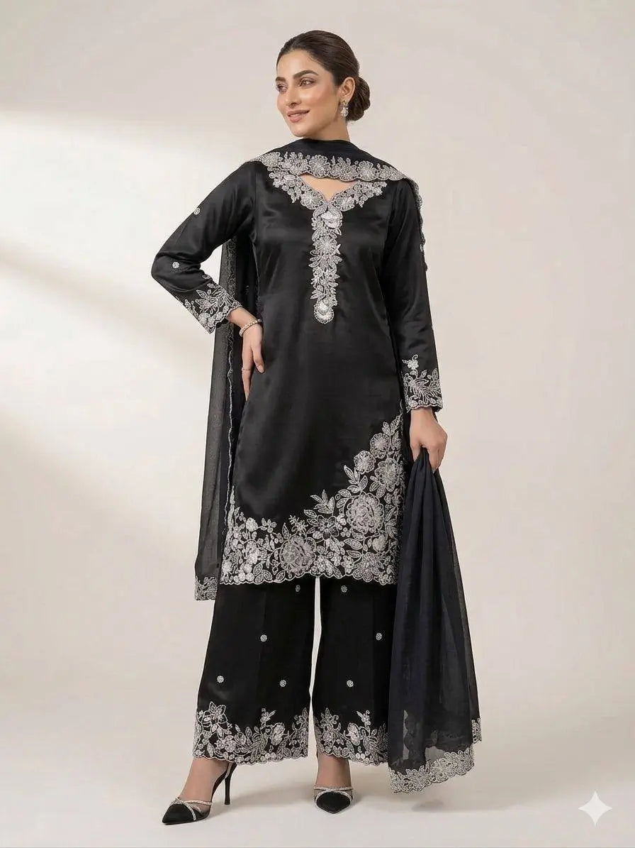 French Crepe Embroidered Palazzo Kurta Set
