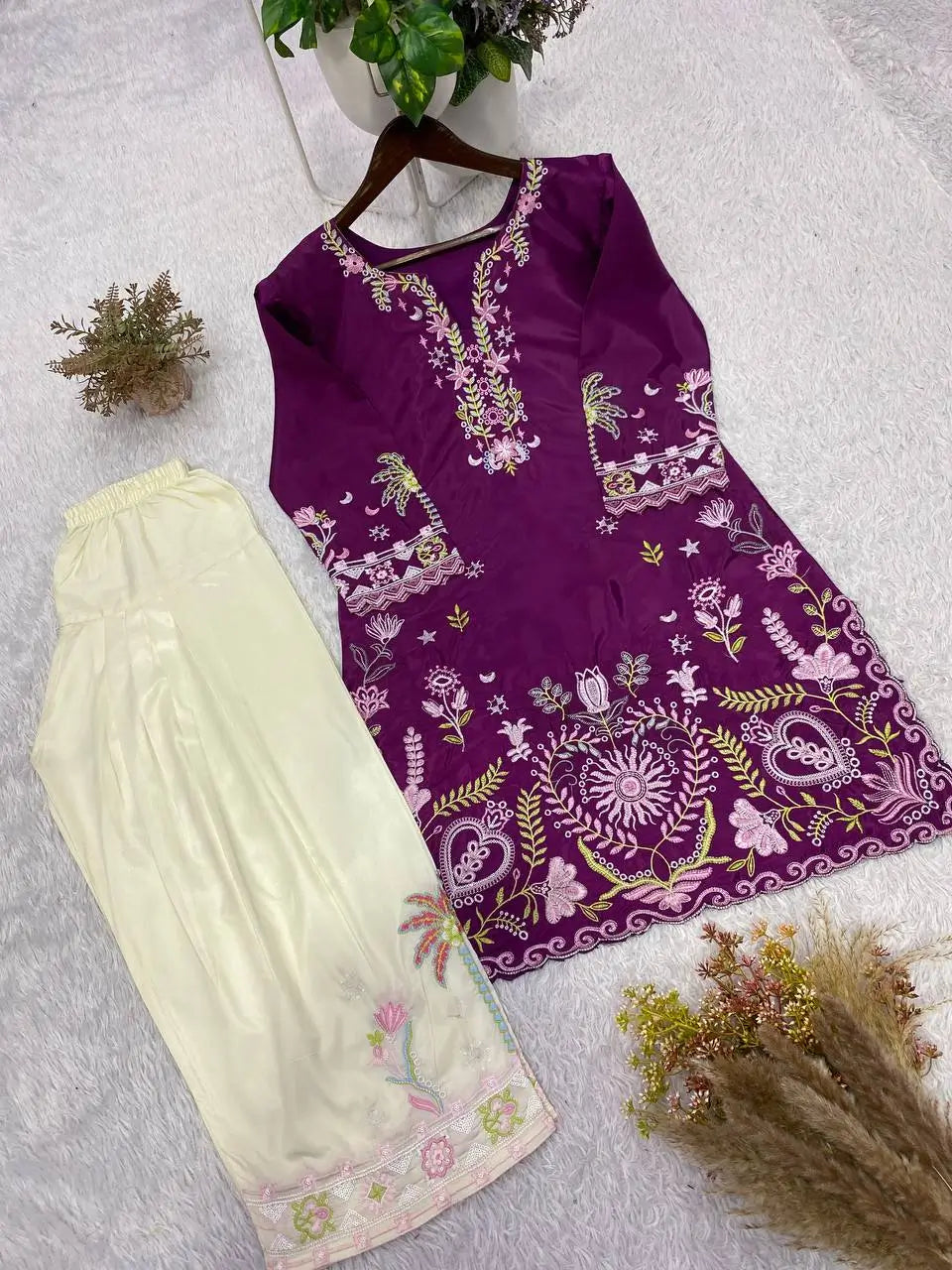 French Crepe Floral Embroidered Sharara Set