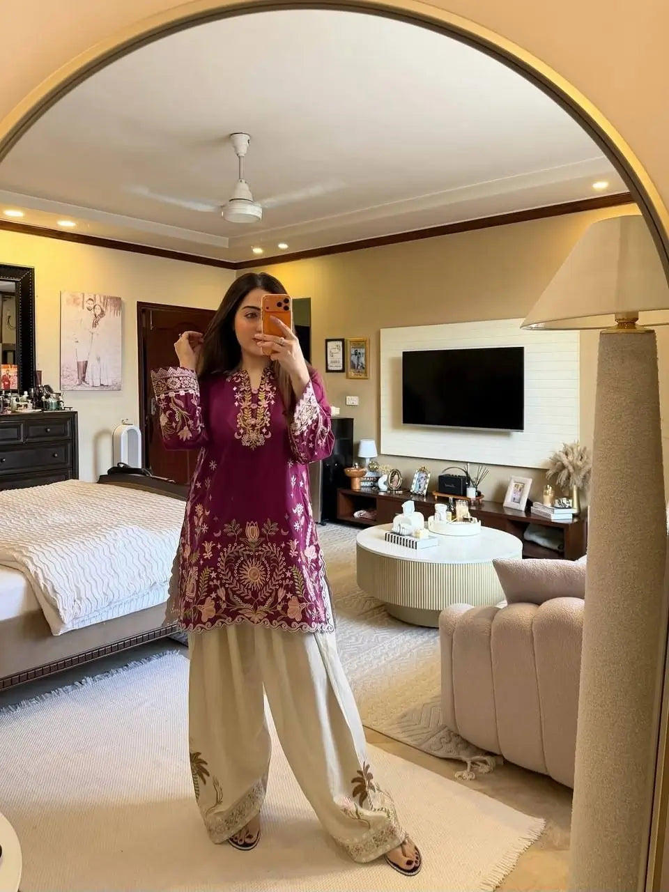 French Crepe Floral Embroidered Sharara Set