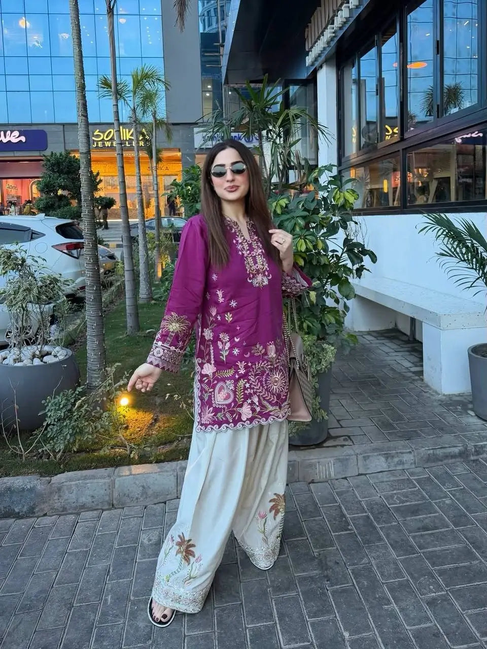 French Crepe Floral Embroidered Sharara Set