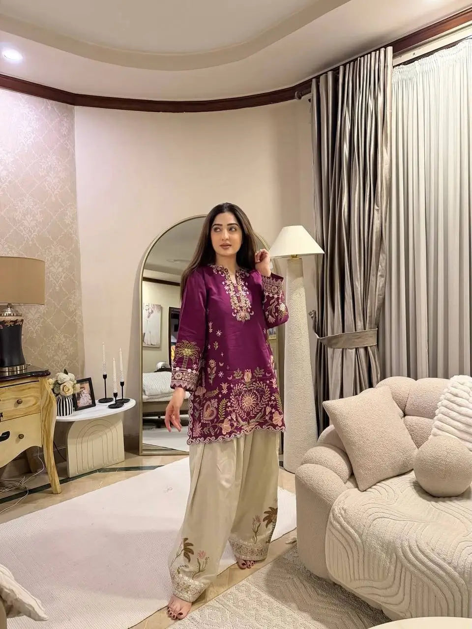 French Crepe Floral Embroidered Sharara Set