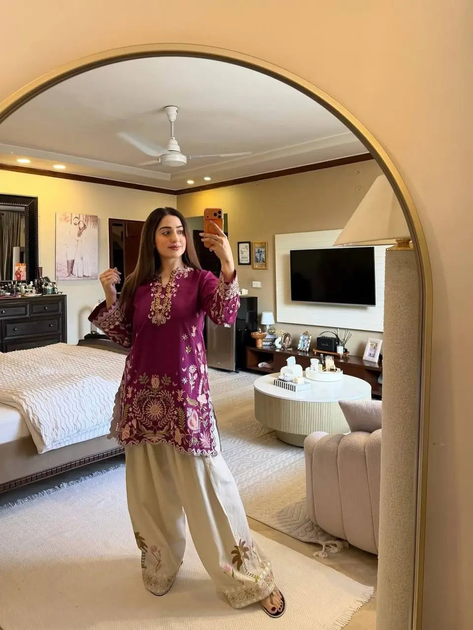 French Crepe Floral Embroidered Sharara Set