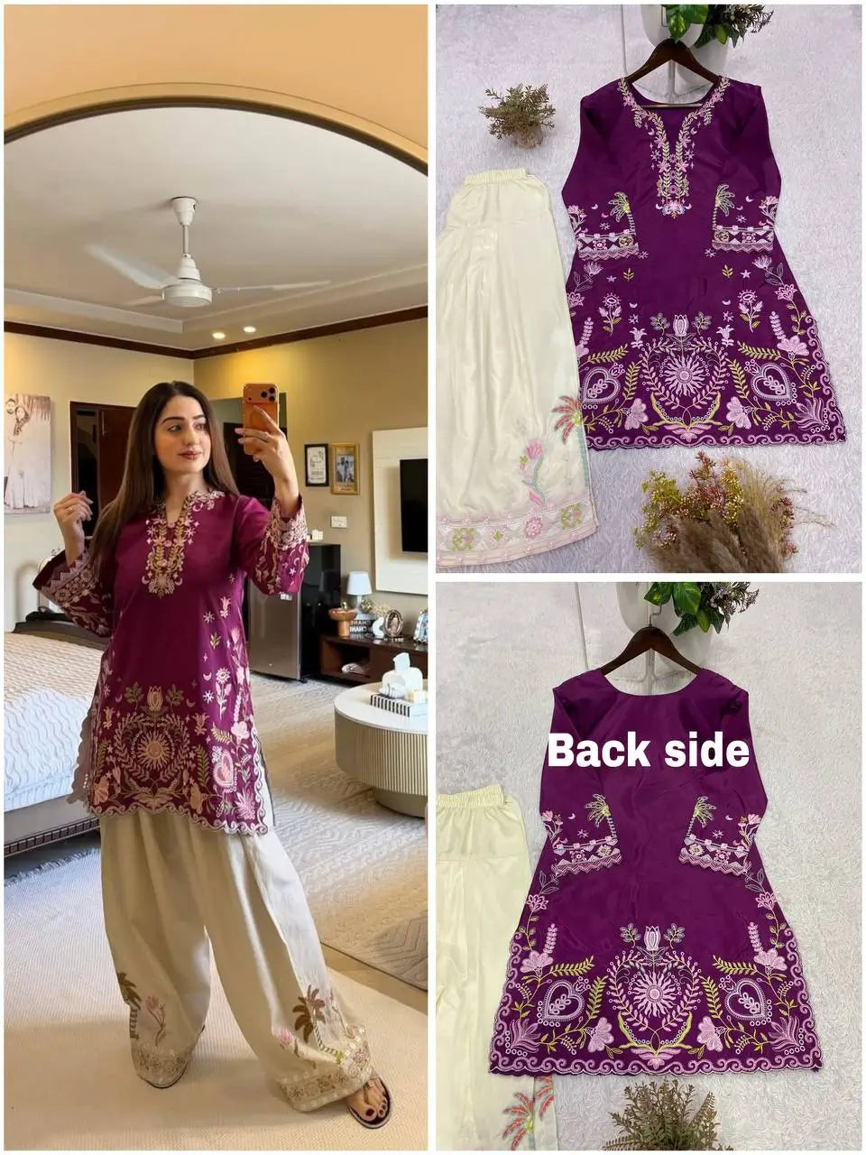 French Crepe Floral Embroidered Sharara Set
