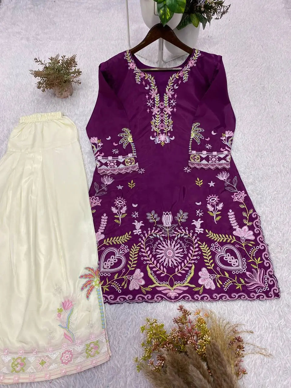 French Crepe Floral Embroidered Sharara Set