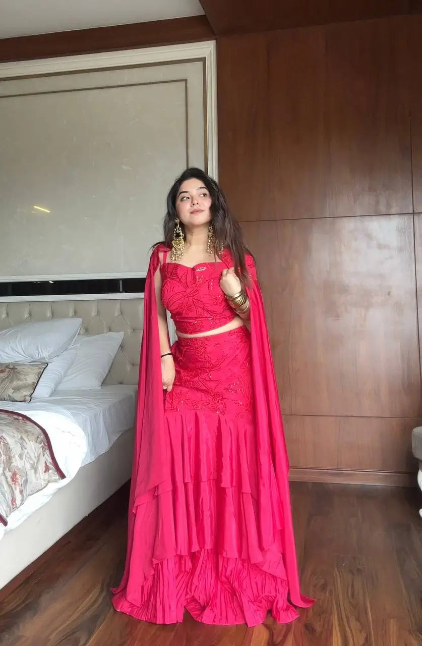 French Crepe Layered Lehenga Set with Cape Style Dupatta for Wedding and Party Wear