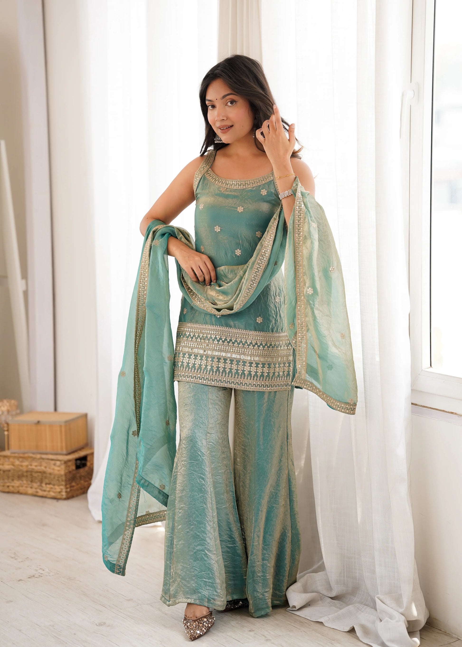 Frendy Silk Dori Zari Sharara Bell Bottom Set