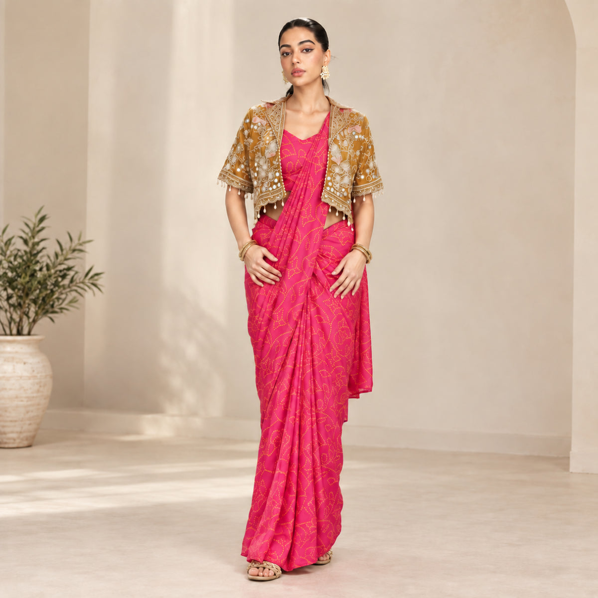 Pink Bandhani Pre-Draped Saree with Mirror Jacket