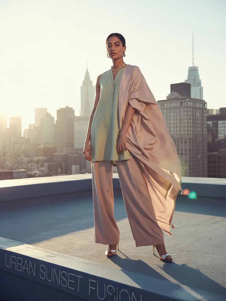 Woman in a stylish outfit on a rooftop with city skyline in the background
