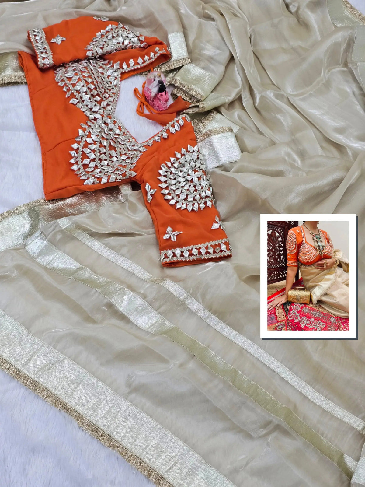 G-MEE Satin Silk Saree with Stitched Aangi Blouse with gota patti work