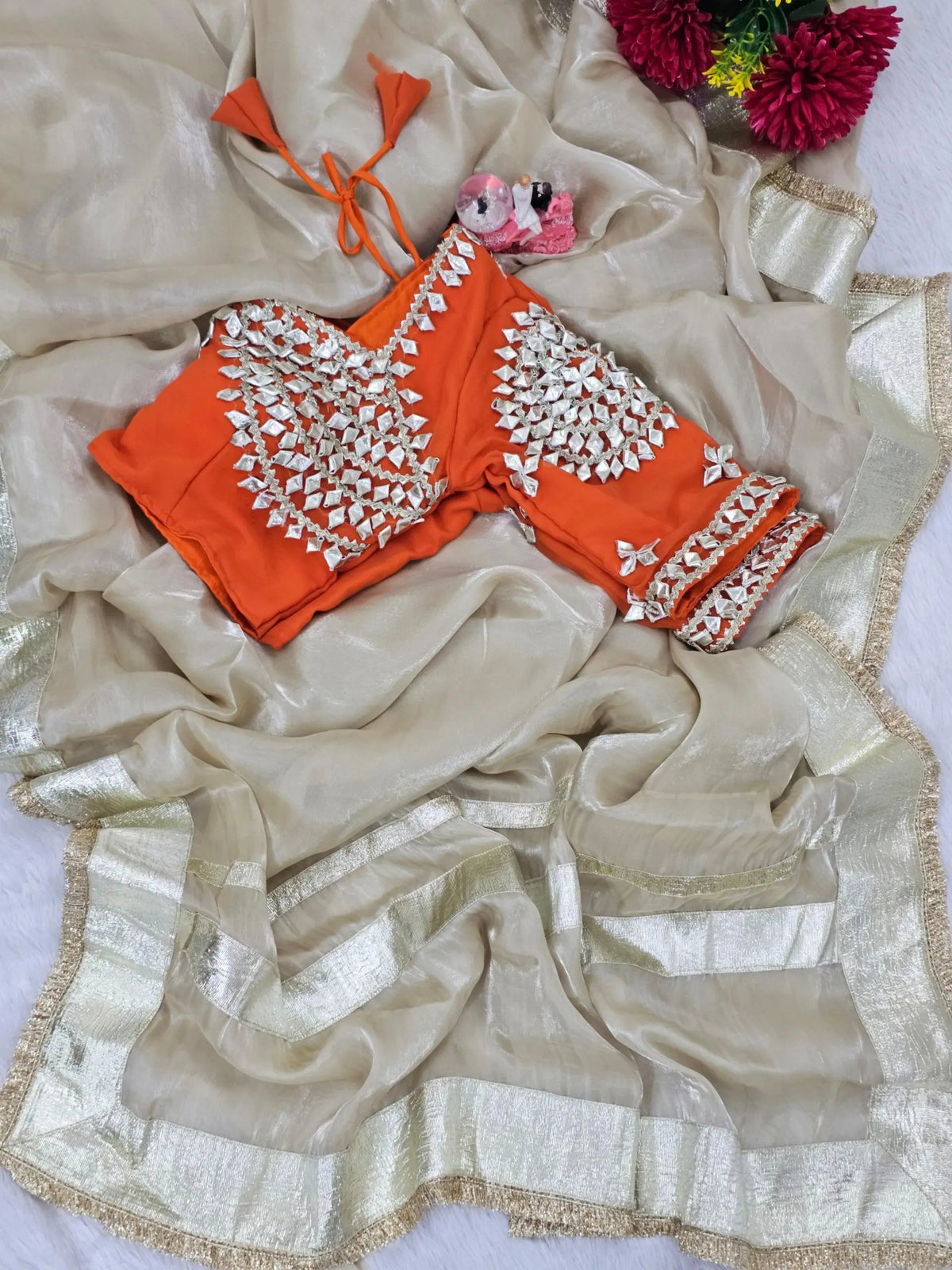 G-MEE Satin Silk Saree with Stitched Aangi Blouse with gota patti work