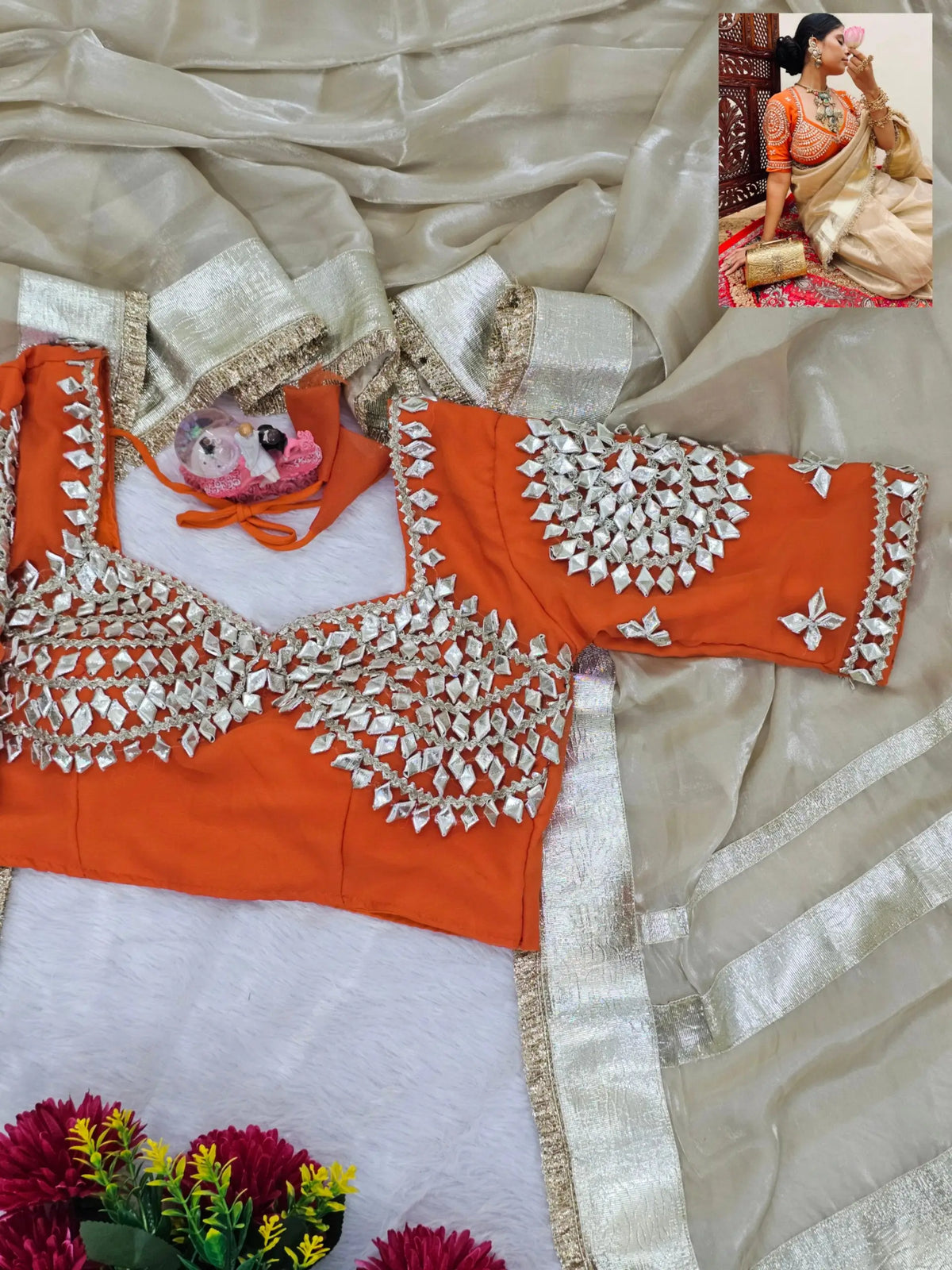 G-MEE Satin Silk Saree with Stitched Aangi Blouse with gota patti work