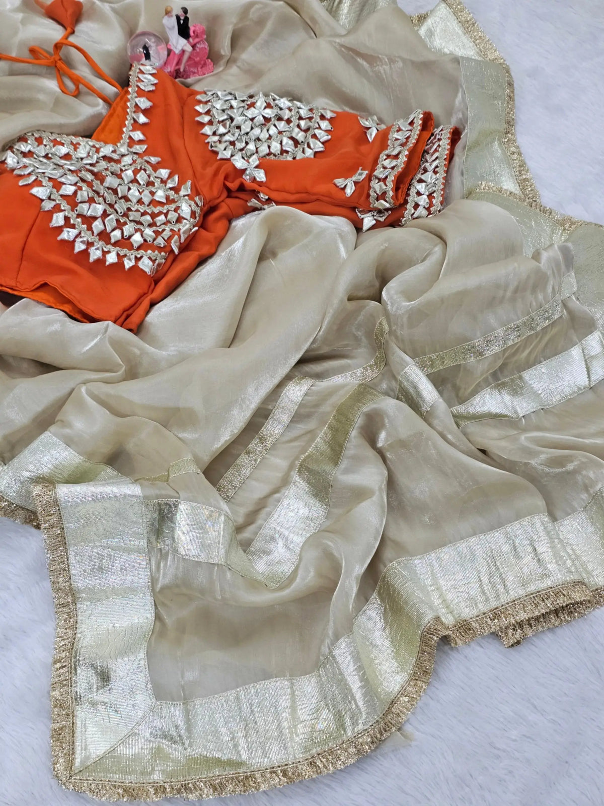 G-MEE Satin Silk Saree with Stitched Aangi Blouse with gota patti work