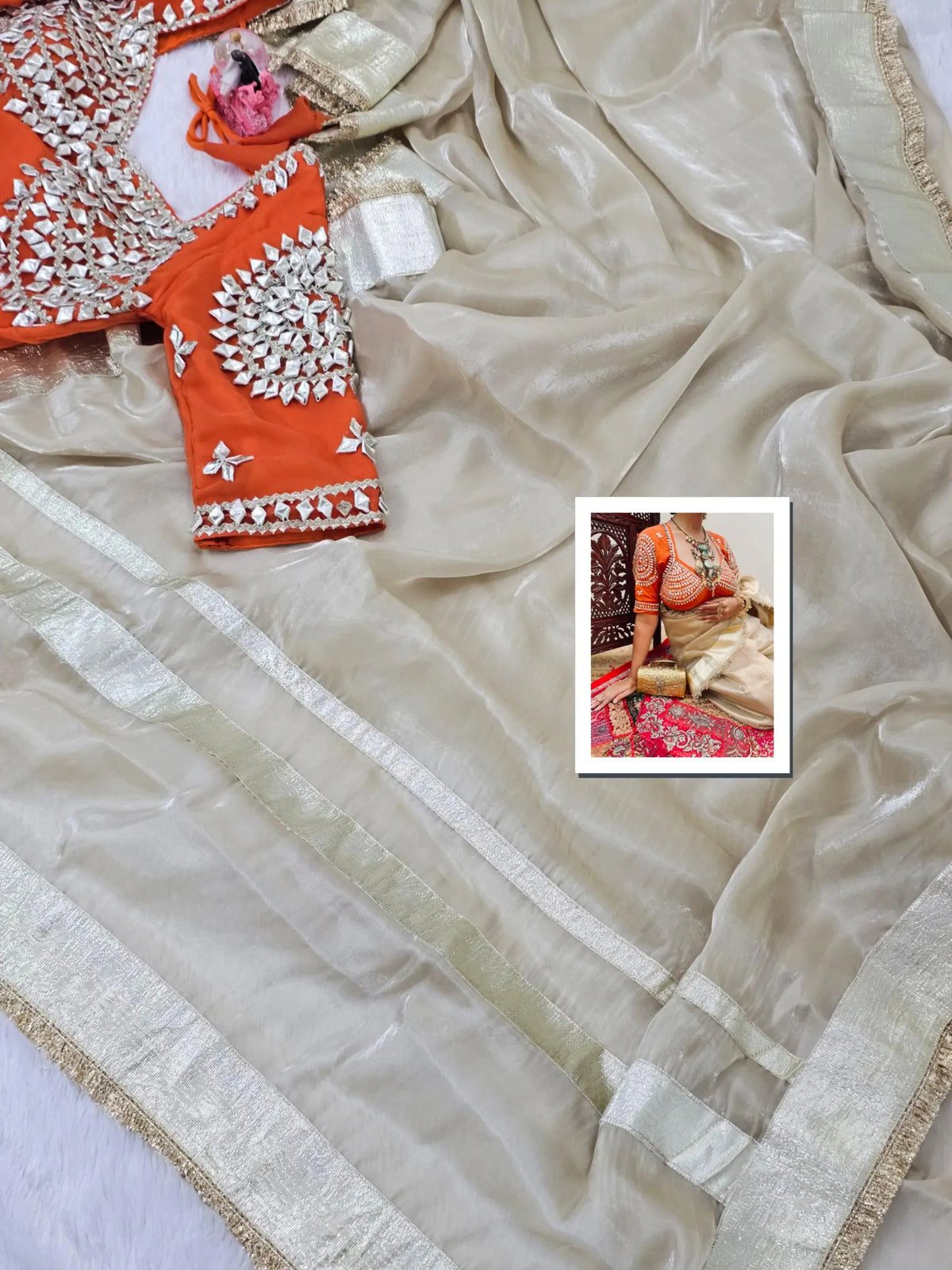 G-MEE Satin Silk Saree with Stitched Aangi Blouse with gota patti work