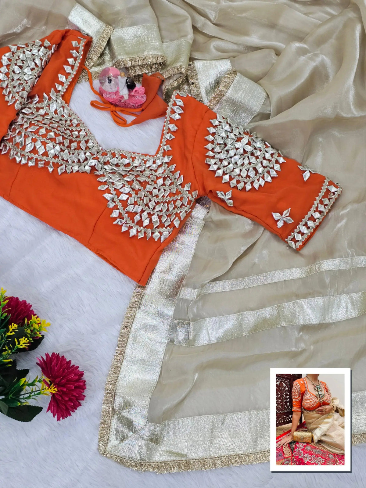 G-MEE Satin Silk Saree with Stitched Aangi Blouse with gota patti work
