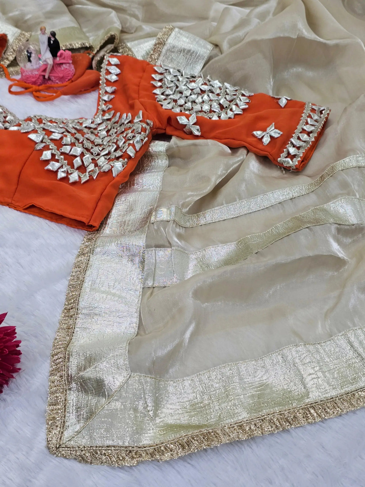 G-MEE Satin Silk Saree with Stitched Aangi Blouse with gota patti work