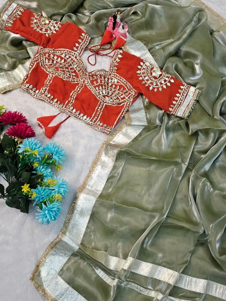 G-MEE Satin Silk Saree with Stitched Aangi Blouse with gota patti work
