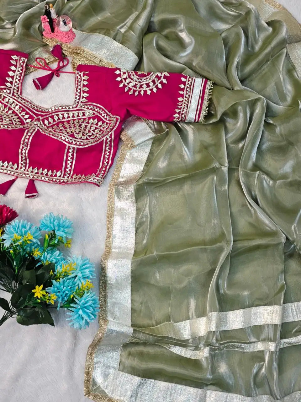 G-MEE Satin Silk Saree with Stitched Aangi Blouse with gota patti work