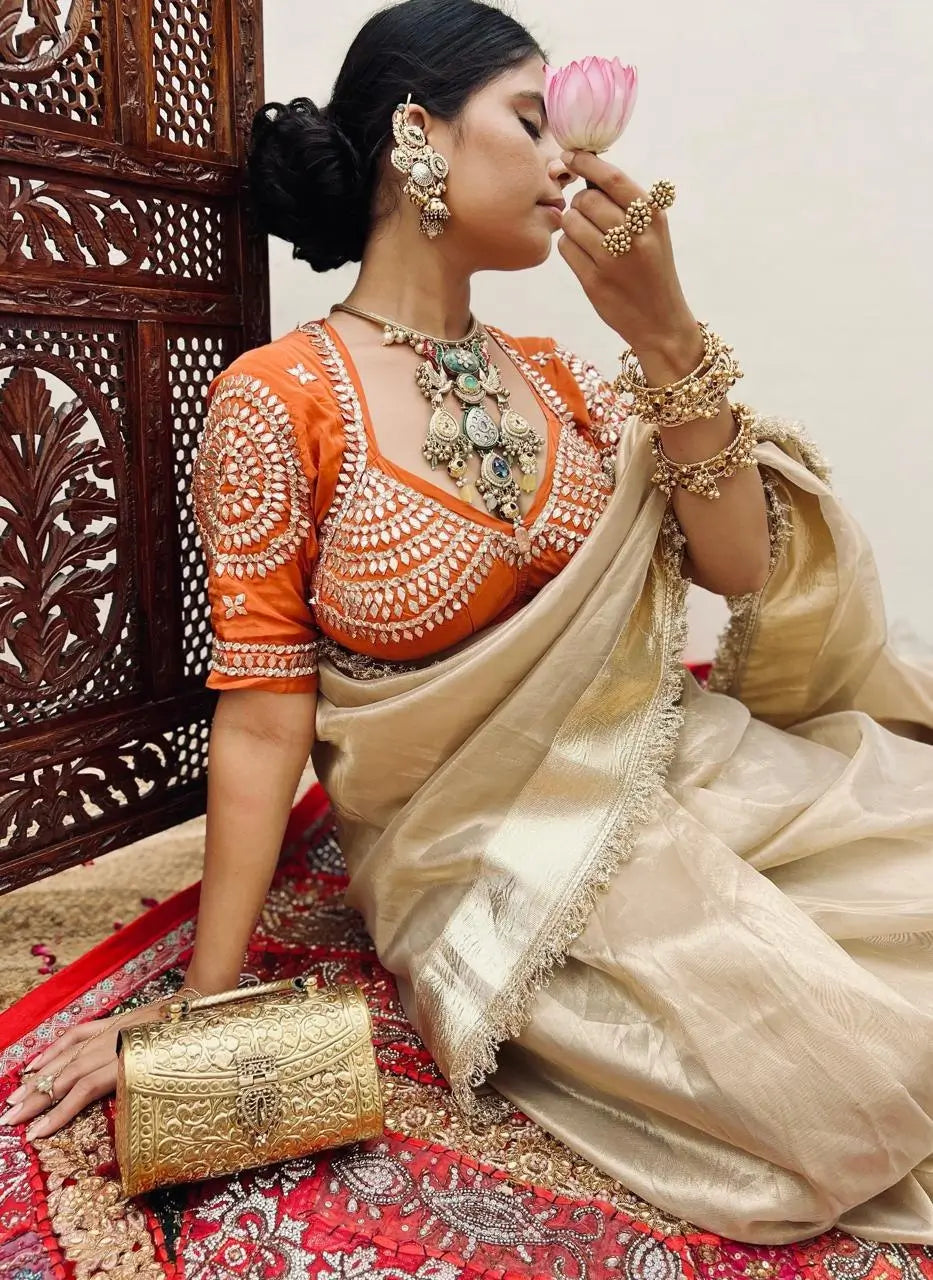 G-MEE Satin Silk Saree with Stitched Aangi Blouse with gota patti work