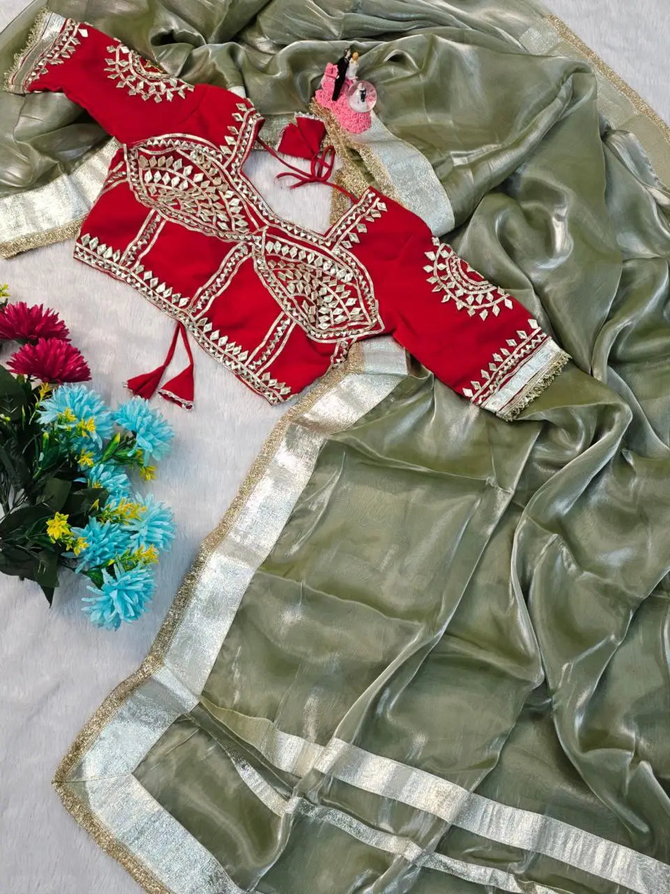 G-MEE Satin Silk Saree with Stitched Aangi Blouse with gota patti work