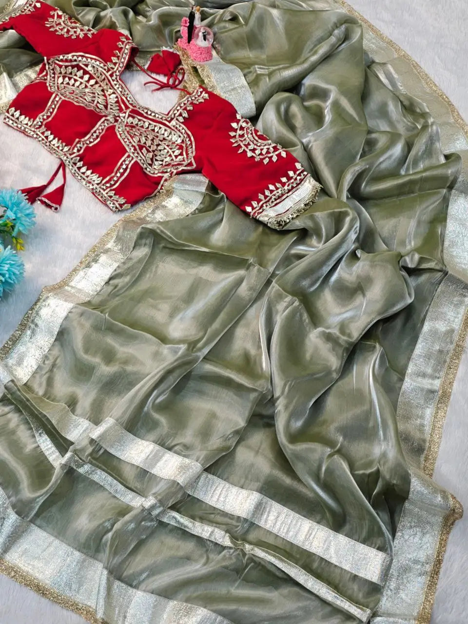 G-MEE Satin Silk Saree with Stitched Aangi Blouse with gota patti work