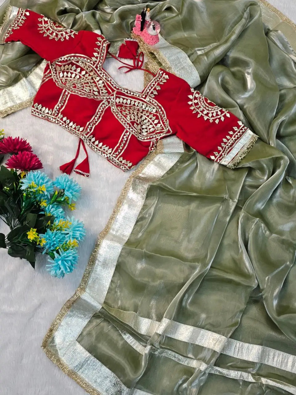 G-MEE Satin Silk Saree with Stitched Aangi Blouse with gota patti work
