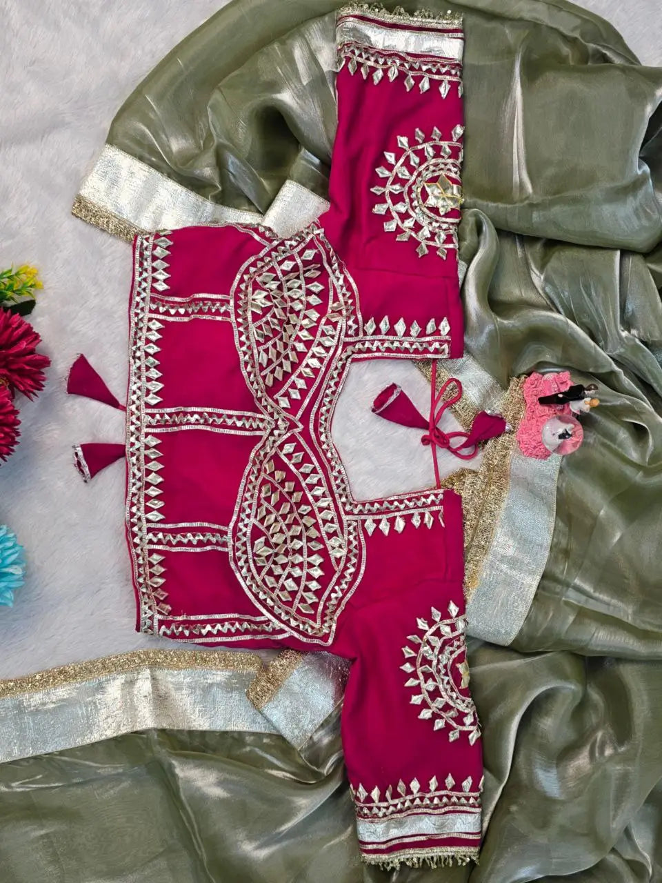G-MEE Satin Silk Saree with Stitched Aangi Blouse with gota patti work