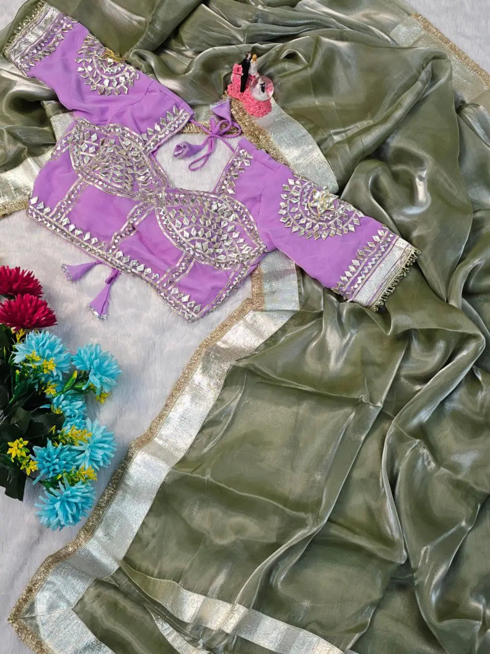 G-MEE Satin Silk Saree with Stitched Aangi Blouse with gota patti work