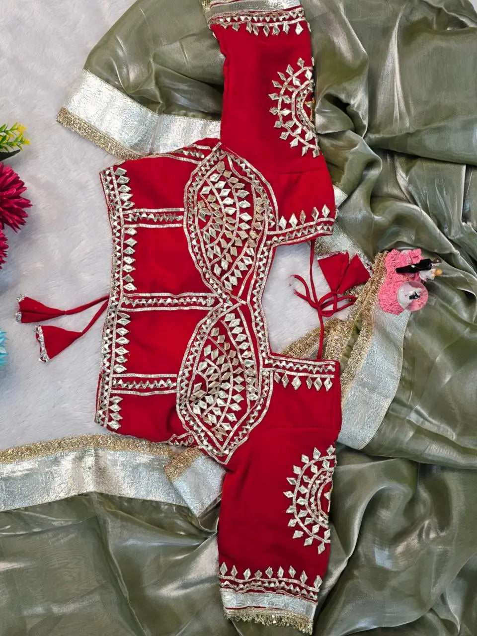 G-MEE Satin Silk Saree with Stitched Aangi Blouse with gota patti work