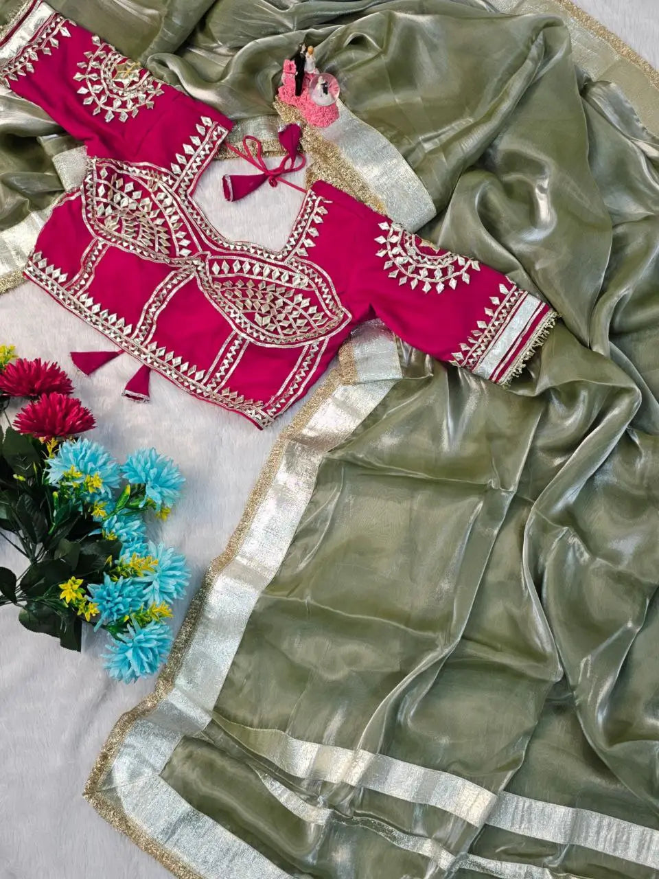 G-MEE Satin Silk Saree with Stitched Aangi Blouse with gota patti work