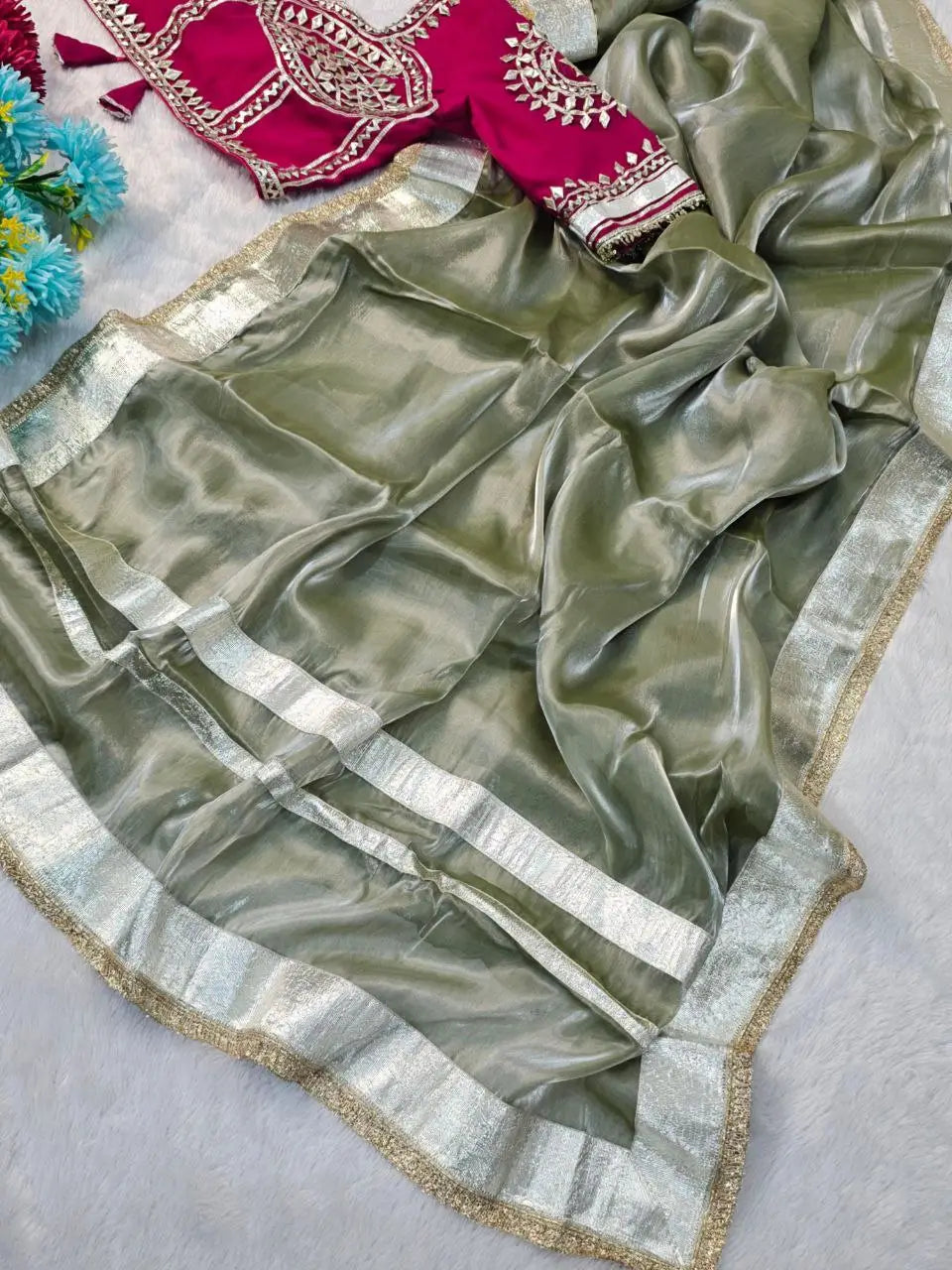 G-MEE Satin Silk Saree with Stitched Aangi Blouse with gota patti work