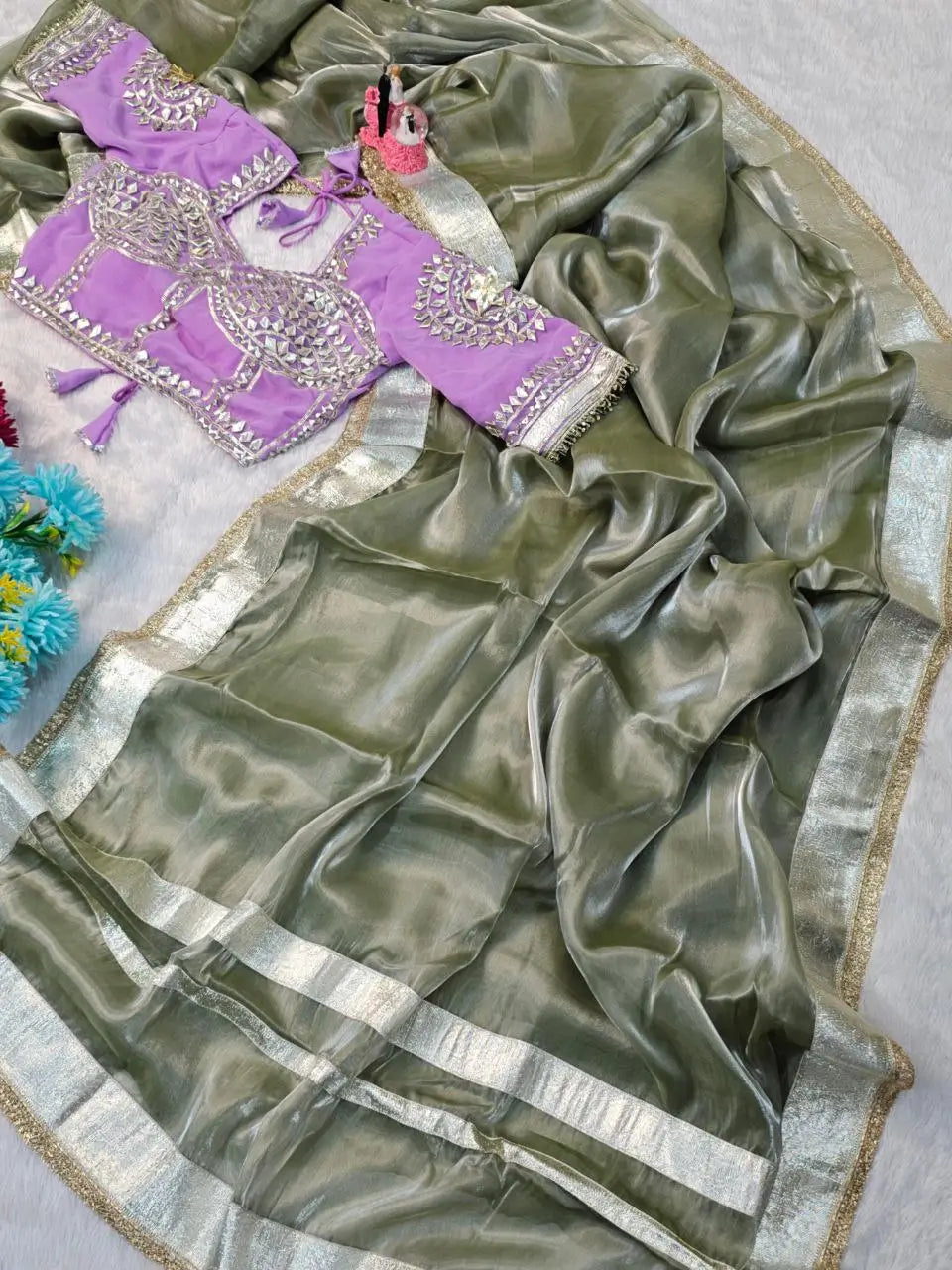 G-MEE Satin Silk Saree with Stitched Aangi Blouse with gota patti work