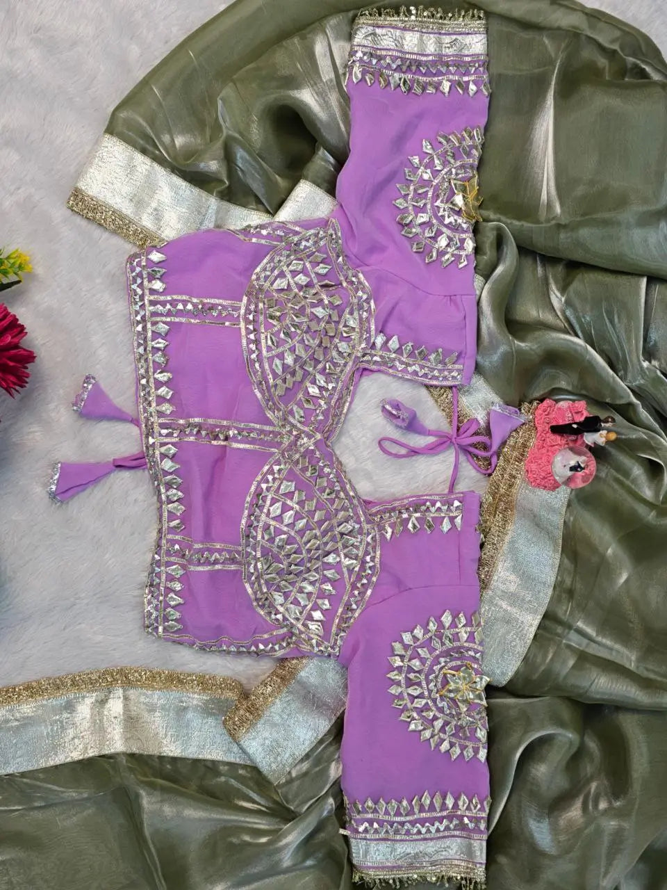 G-MEE Satin Silk Saree with Stitched Aangi Blouse with gota patti work