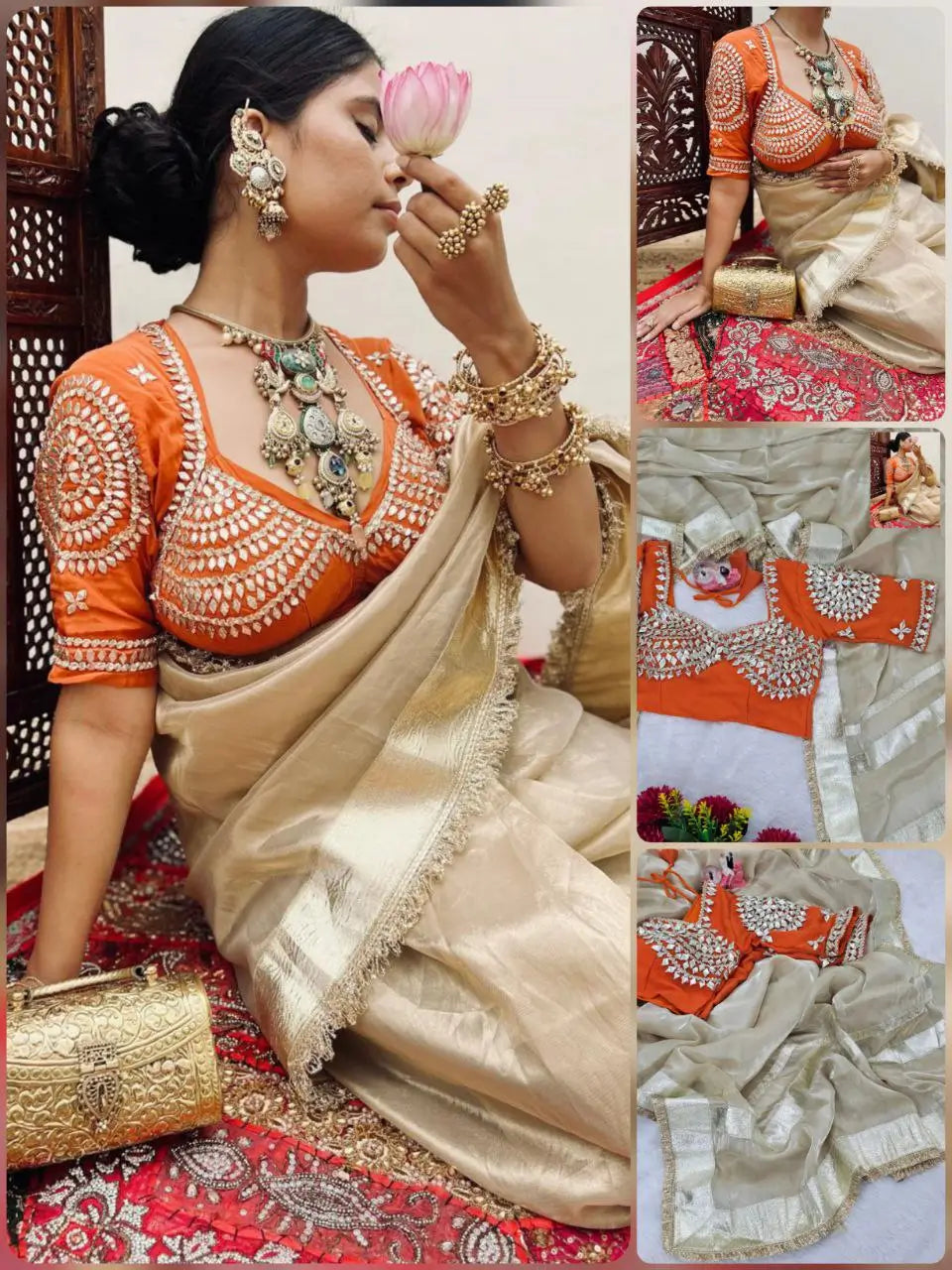 G-MEE Satin Silk Saree with Stitched Aangi Blouse with gota patti work
