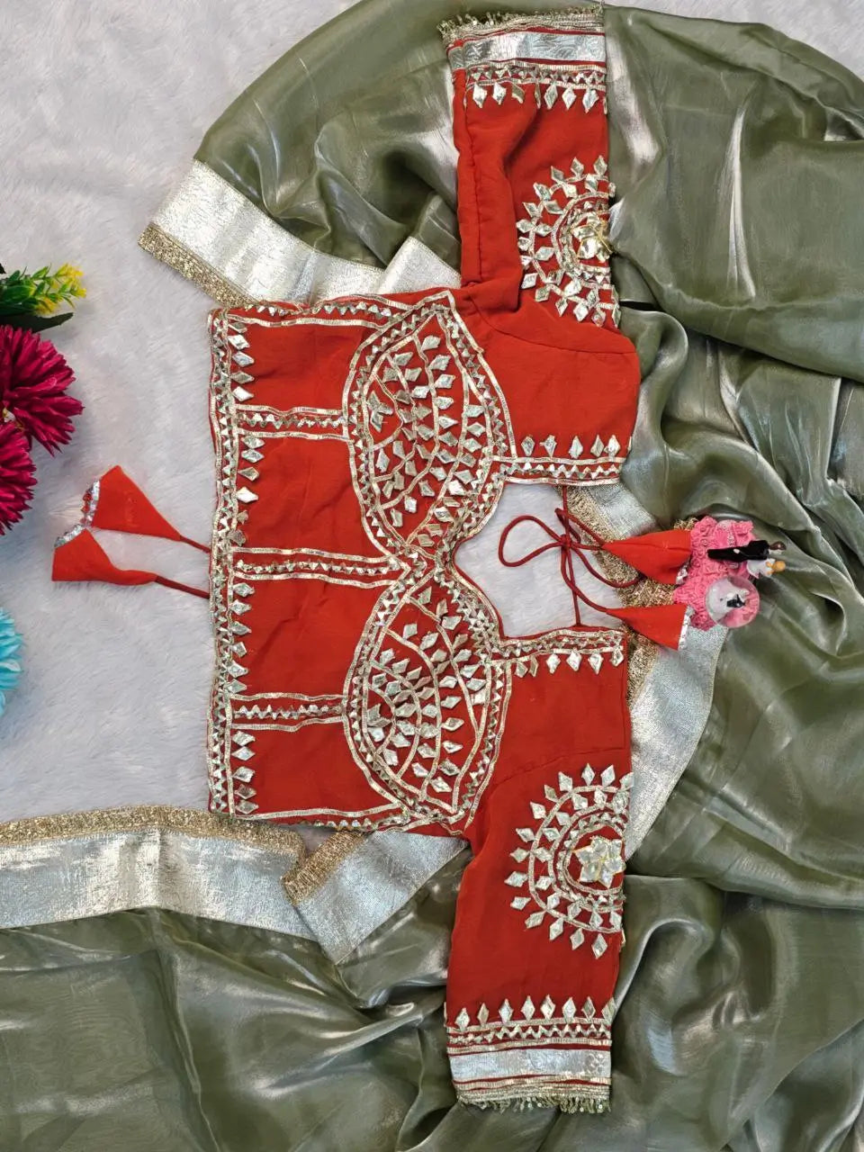 G-MEE Satin Silk Saree with Stitched Aangi Blouse with gota patti work