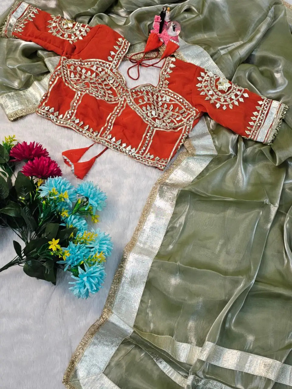 G-MEE Satin Silk Saree with Stitched Aangi Blouse with gota patti work
