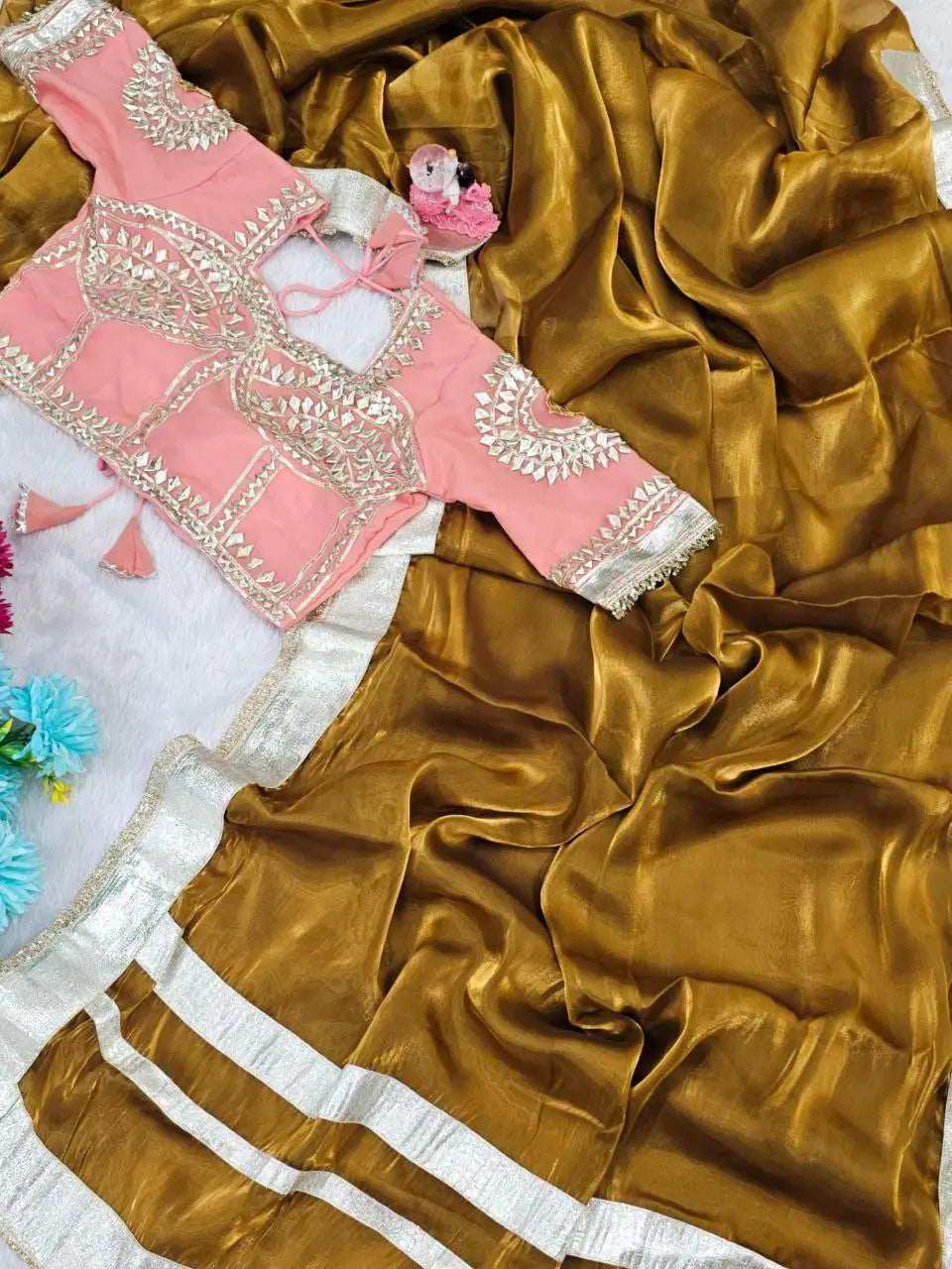 G-MEE Satin Silk Saree with Stitched Aangi Blouse with gota patti work