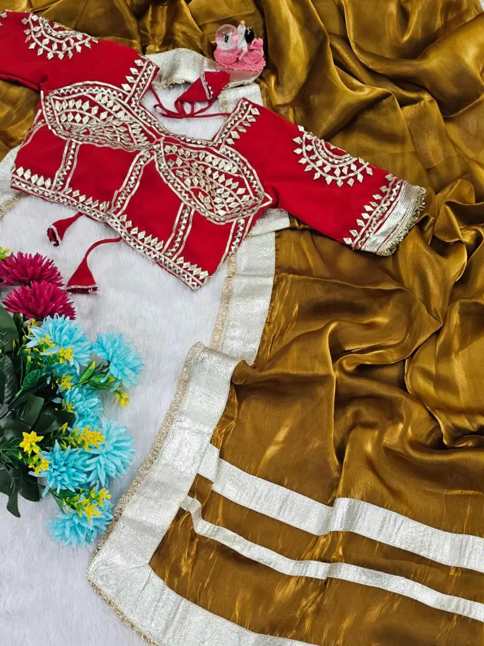 G-MEE Satin Silk Saree with Stitched Aangi Blouse with gota patti work