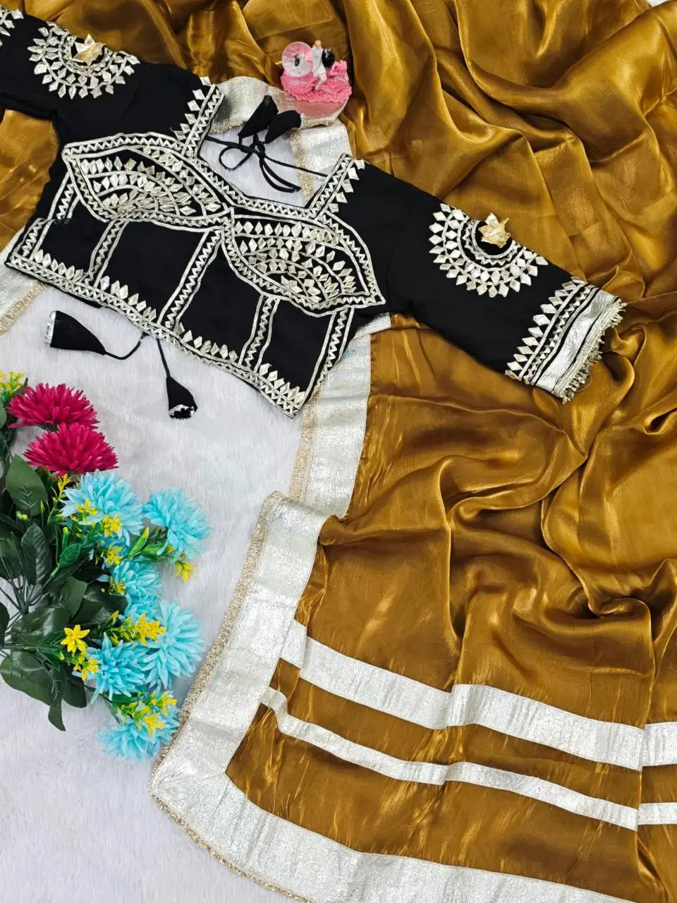 G-MEE Satin Silk Saree with Stitched Aangi Blouse with gota patti work