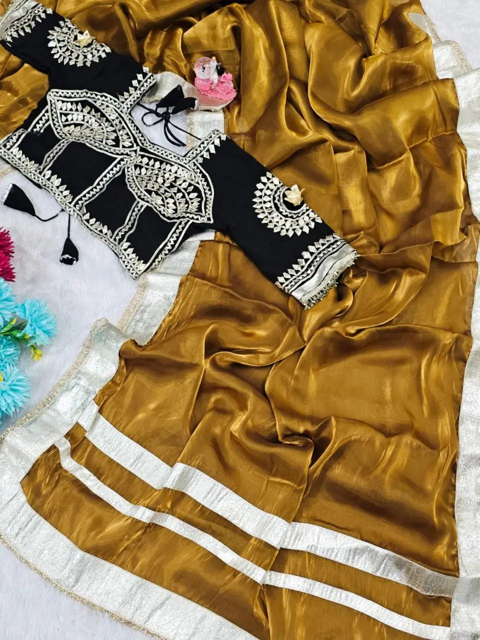 G-MEE Satin Silk Saree with Stitched Aangi Blouse with gota patti work