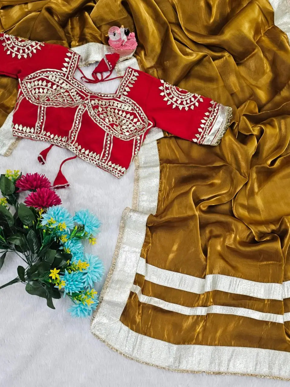 G-MEE Satin Silk Saree with Stitched Aangi Blouse with gota patti work