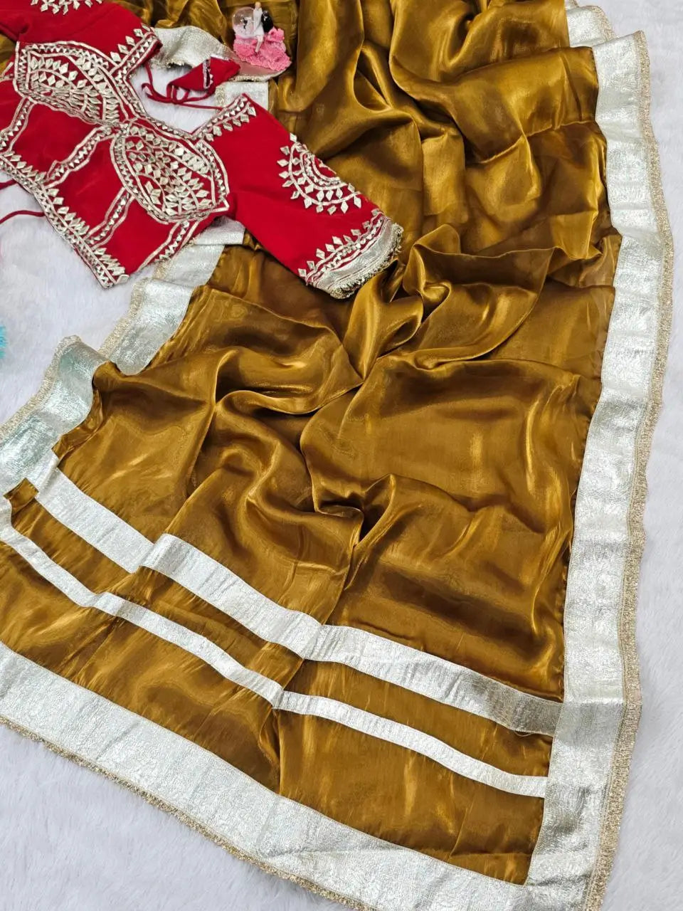 G-MEE Satin Silk Saree with Stitched Aangi Blouse with gota patti work