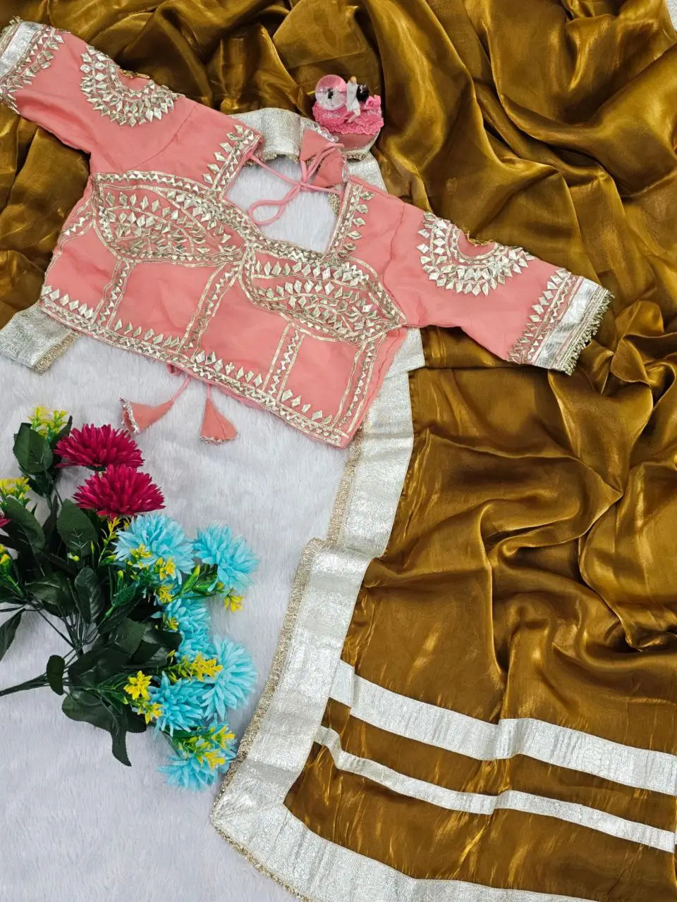 G-MEE Satin Silk Saree with Stitched Aangi Blouse with gota patti work