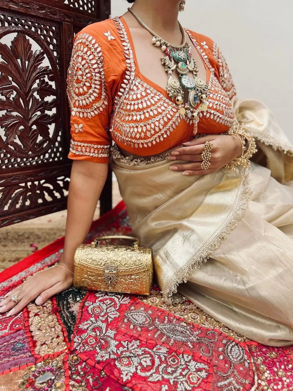 G-MEE Satin Silk Saree with Stitched Aangi Blouse with gota patti work